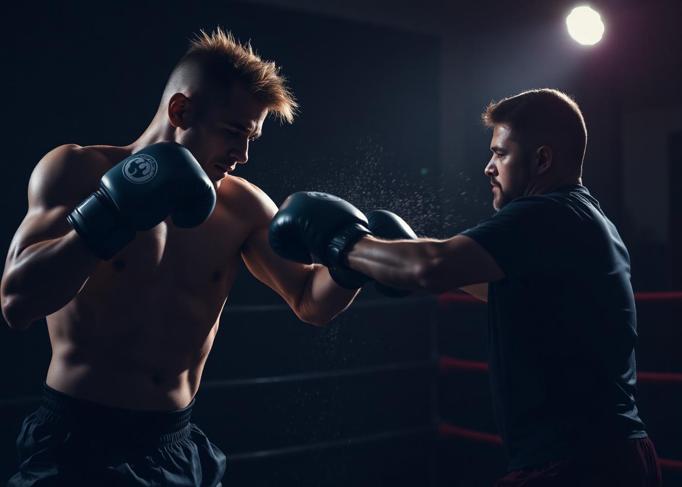 Treino de boxe com luvas e aparadores de soco