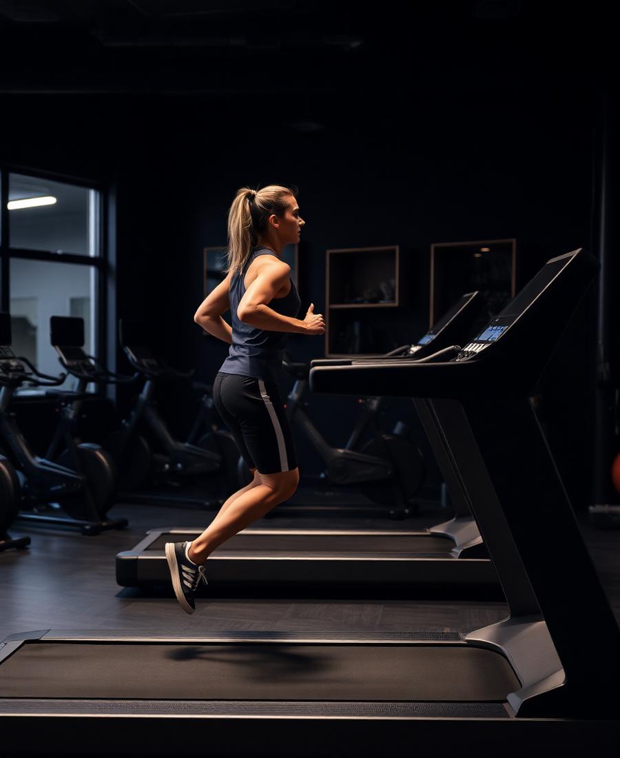 Aluna correndo na esteira na área de cardio