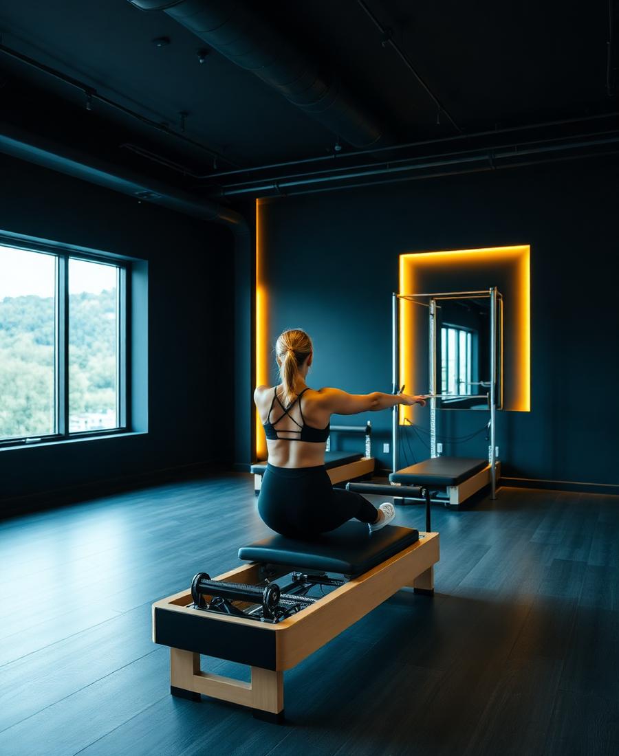 Aluna praticando pilates em aparelho reformer